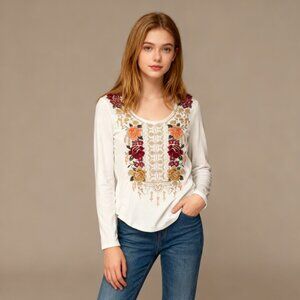 NWOT Johnny Was Embroidered Floral Long Sleeves Tee T-Shirt Size S White